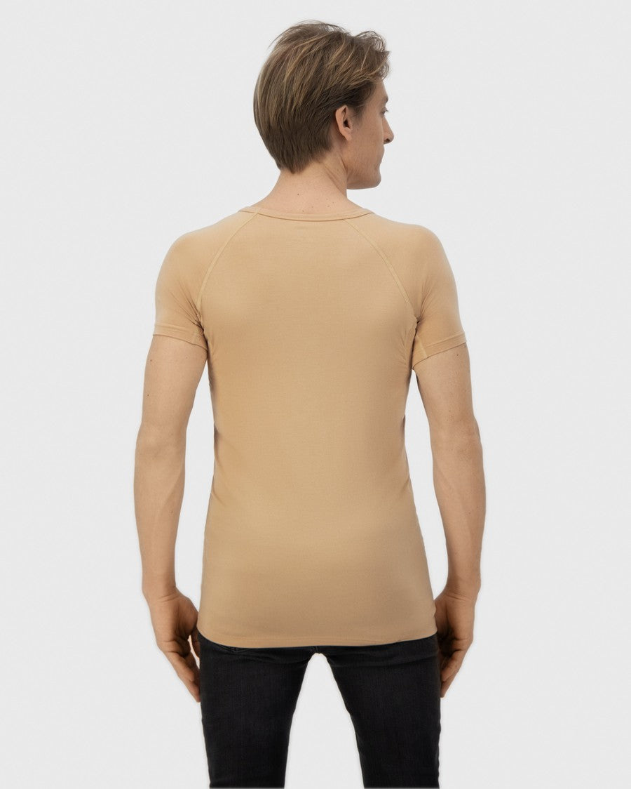 t-shirt, korte mouwen, beige, achterkant, sluitende pasvorm